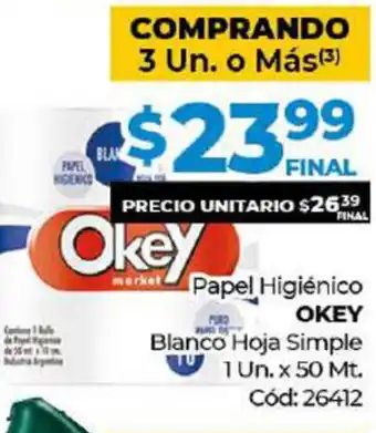 Diarco Okey Papel Higienico Blanco Hoja Simple 1un x 50mt oferta