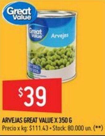 Walmart Arvejas Great Value x 350g oferta