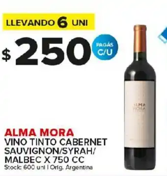 Carrefour Maxi Alma Mora Vino Tinto Cabernet Sauvignon/Syrah/malbec x 750cc oferta
