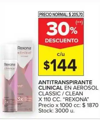 Carrefour Rexona Antitranspirante Clinical En Aerosol Classic / Clean x 110cc oferta