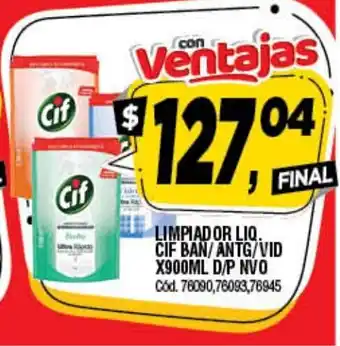 Supermercados Yaguar Cif Limpiador Liq. Ban/Antg/Vid x 900ml D/P NVO oferta