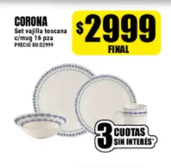 Supermayorista Vital Corona Set vajilla toscana c/mug 16 pza oferta