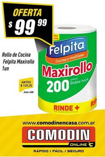 Supermercados Comodin Rollo De Cocina Felpita Maxirollo 1un oferta