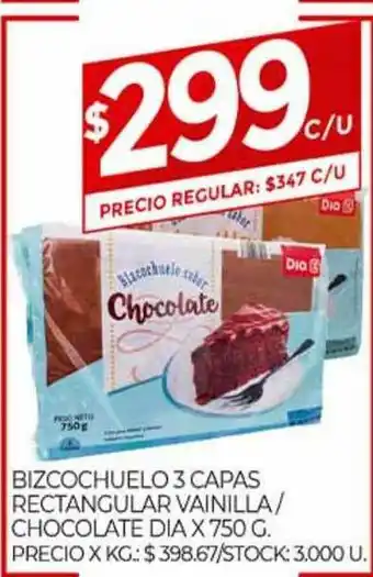 Supermercados DIA Bizcochuelo 3 Capas Rectangular Vainilla Chocolate Dia x 750g oferta