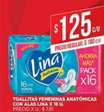 Supermercados DIA Toallitas Femeninas Anatómicas Con Alas Lina x 16u oferta