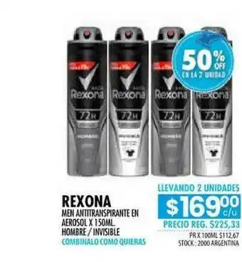 Pigmento Rexona Men Antitranspirante En Aerosol Hombre Invisible 50% Off En La 2a Unidad x 150ml oferta