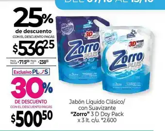 La Anonima Jabón Líquido Clásico Con Suavizante Zorro 3 D Doy Pack 25% De Descuento oferta