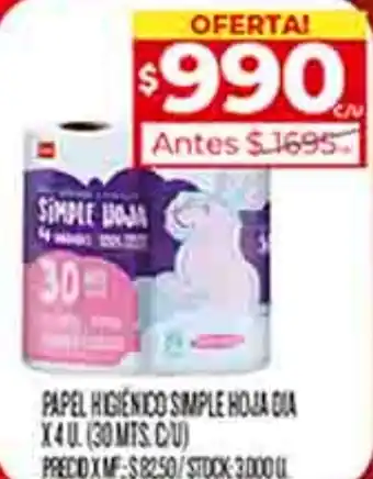 Supermercados DIA PAPEL HIGIENICO SIMPLE HOJA DIA X 4U oferta