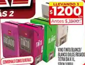 Supermercados DIA VINO TINTO BLANCO BLANCO DULCE/ROSADO TETRA DIA X 1l oferta