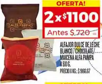 Supermercados DIA ALFAJOR DULCE DE LECHE BLANCO/CHOCOLATE/ MAICENA ALFA PAMPA X 60G oferta