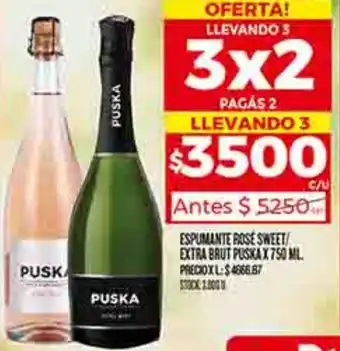 Supermercados DIA ESPUMANTE ROSE SWEET EXTRA BRUT PUSKA X 750ML oferta