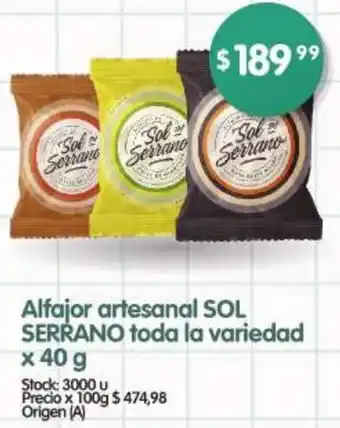 Supermercados Buenos Días Alfajor artesanal SOL SERRANO toda la variedad x 40g oferta
