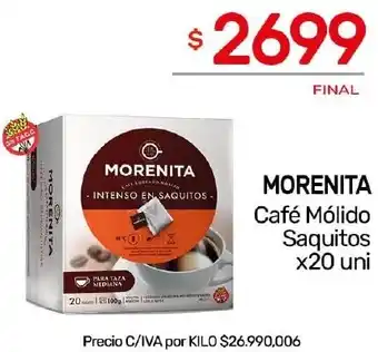 Nini Mayorista MORENITA Café Mólido Saquitos x 20 uni oferta