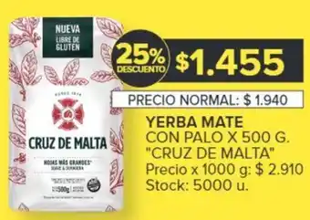 Carrefour CRUZ DE MALTA YERBA MATE CON PALO X 500G oferta