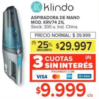 Carrefour klindo ASPIRADORA DE MANO MOD. KRV74 21L oferta