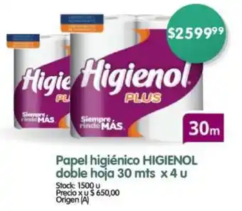 Supermercados Buenos Días Papel higiénico HIGIENOL doble hoja 30 mts x 4u oferta