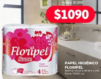 Supermercados Tadicor PAPEL HIGIÉNICO FLORIPEL SIMPLE HOJA X 30 M X 4 UN oferta