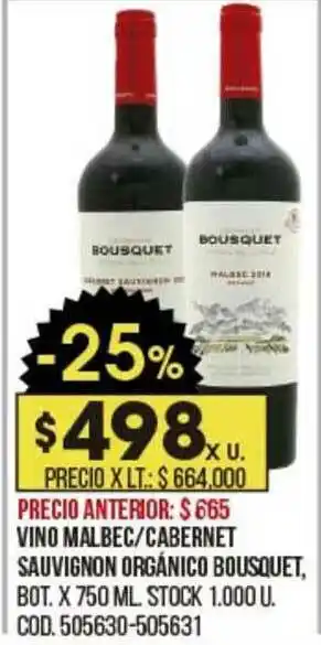 Coto Vino Malbec Cabernet Sauvignon Orgánico Bousquet x 750ml oferta