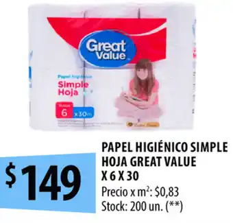 Punto Mayorista Papel Higienico Simple Hoja Great Value x 6 x 30 oferta
