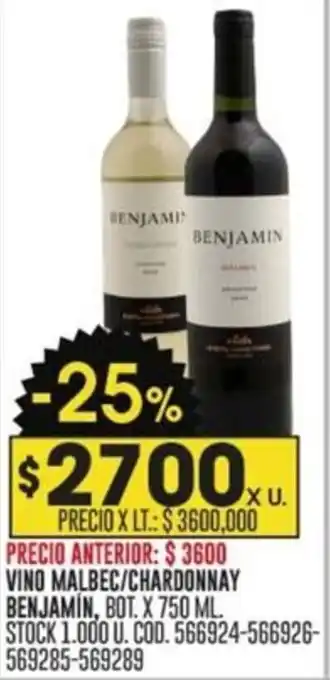 Coto VINO MALBEC/CHARDONNAY BENJAMIN, BOT. X 750ML oferta