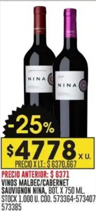 Coto VINOS MALBEC/CABERNET SAUVIGNON NINA BOT. X 750ML oferta