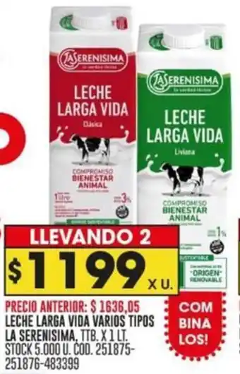 Coto LECHE LARGA VIDA VARIOS TIPOS LA SERENISIMA TTB. X 1LT oferta