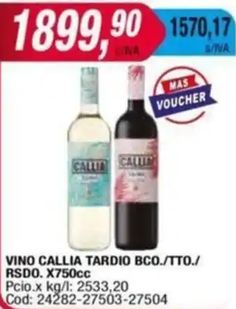 Maxiconsumo VINO CALLIA TARDIO BCO./TTO./ RSDO. x 750cc oferta