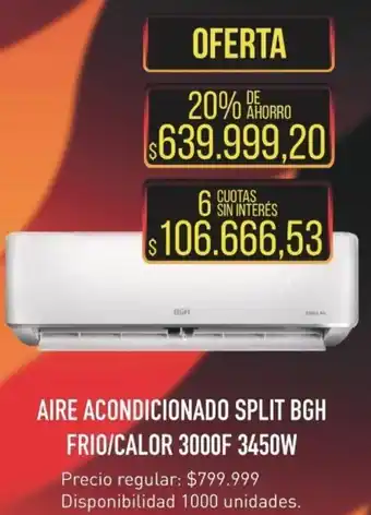 Supermercados Vea AIRE ACONDICIONADO SPLIT BGH FRIO/CALOR 3000F 3450W oferta