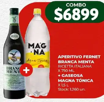 Super MAMI APERITIVO FERNET BRANCA MENTA X 750ML + GASEOSA MAGNA TÓNICA X 1,5L oferta
