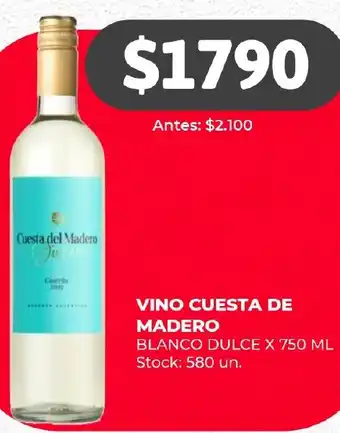 Supermercados Tadicor VINO CUESTA DE MADERO BLANCO DULCE X 750ML oferta