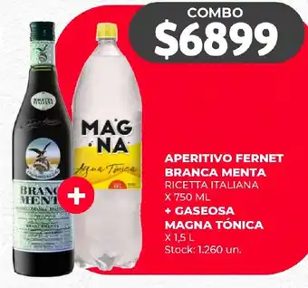 Supermercados Tadicor APERITIVO FERNET BRANCA MENTA RICETTA ITALIANA X 750 ML + GASEOSA MAGNA TÓNICA x 1.5L oferta