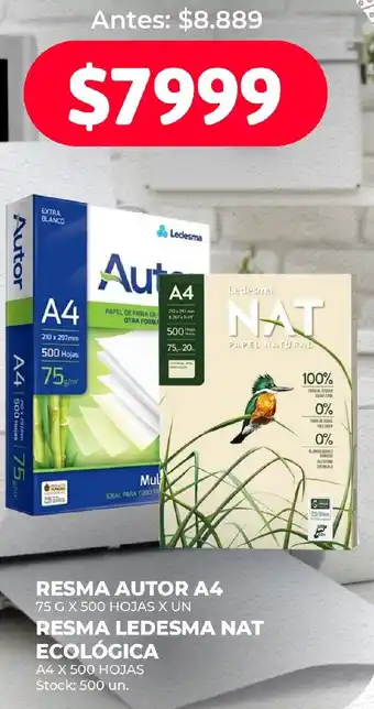 Supermercados Tadicor RESMA AUTOR A4 75 G X 500 HOJAS X UN RESMA LEDESMA NAT ECOLÓGICA A4 X 500 HOJAS oferta