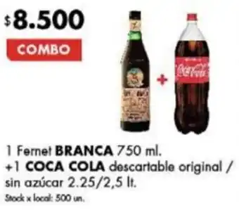 Disco 1 Fernet BRANCA 750 ml +1 COCA COLA descartable original / sin azúcar 2.25/2,5It oferta