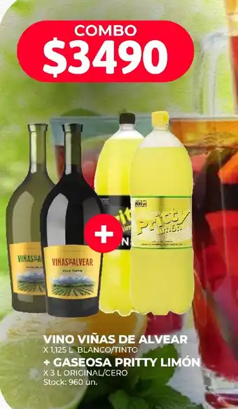 Supermercados Tadicor VINO VIÑAS DE ALVEAR X 1,125 L BLANCO/TINTO + GASEOSA PRITTY LIMÓN X 3L ORIGINAL/CERO oferta