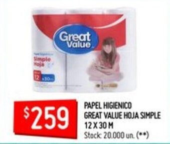 Changomas Great Value Papel Higienico Hoja Simple 12 x 30m oferta