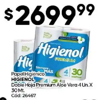 Diarco Papel Higiénico HIGIENOL Doble Hoja Premium Aloe Vera 4 un. x 30 mt. oferta