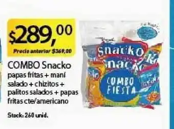 Supermercados Damesco Snacko Combo papas fritas + maní salado + chizitos + palitos salados + papas fritas cte/americano oferta