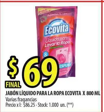 Punto Mayorista Ecovita Jabón Líquido Para La Ropa x 800ml oferta