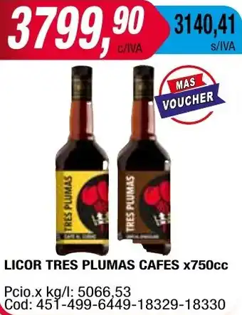 Maxiconsumo LICOR TRES PLUMAS CAFES x 750cc oferta