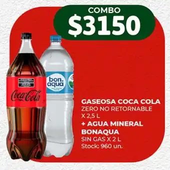 Super MAMI GASEOSA COCA COLA ZERO NO RETORNABLE X 2,5 L + AGUA MINERAL BONAQUA SIN GAS X 2L oferta