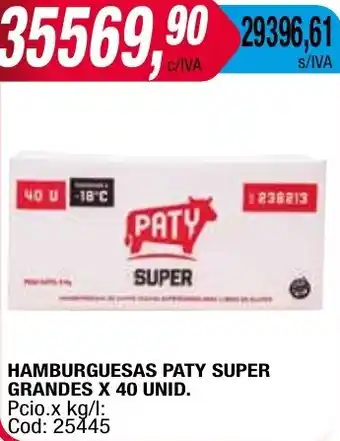 Maxiconsumo HAMBURGUESAS PATY SUPER GRANDES X 40 UNID oferta