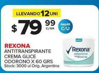 Carrefour Maxi Rexona Antitranspirante Crema Glice Odorono x 60grs oferta