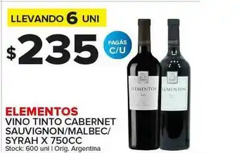 Carrefour Maxi Elementos Vino Tinto Cabernet Sauvignon Malbec Syrah x 750cc oferta