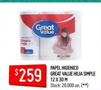Changomas Great Value Papel Higienico Hoja Simple 12 x 30m oferta