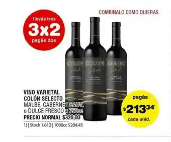 Atomo Conviene Vino Varietal Colón Selecto Malbec Cabernet Sauv. O Dulce Fresco oferta