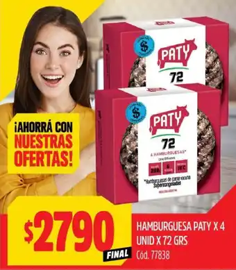 Supermercados Yaguar HAMBURGUESA PATY X 4 UNID X 72GR oferta