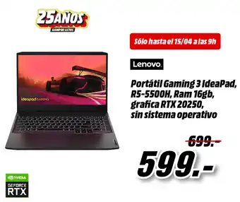 Lenovo Portátil Gaming 3 IdeaPad, R5-5500H, Ram 16gb, grafica RTX 20250 sin sistema operativo