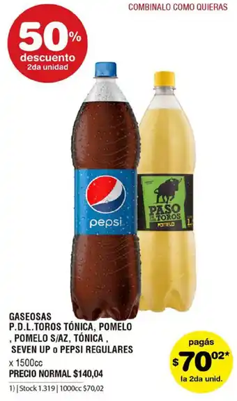 Atomo Conviene Gaseosas P.D.L. Toros Tónica, Pomelo, Pomelo S/AZ, Tónica, Seven Up o Pepsi Regulares x 1500cc oferta