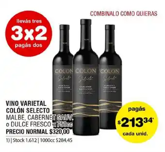 Atomo Conviene Vino Varietal Colón Selecto Malbe, Cabernet/ o Dulce Fresco x 750cc oferta