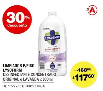 Atomo Conviene Lysoform Limpiador P/Piso Desinfectante Concentrado Original o Lavanda x 800ml oferta